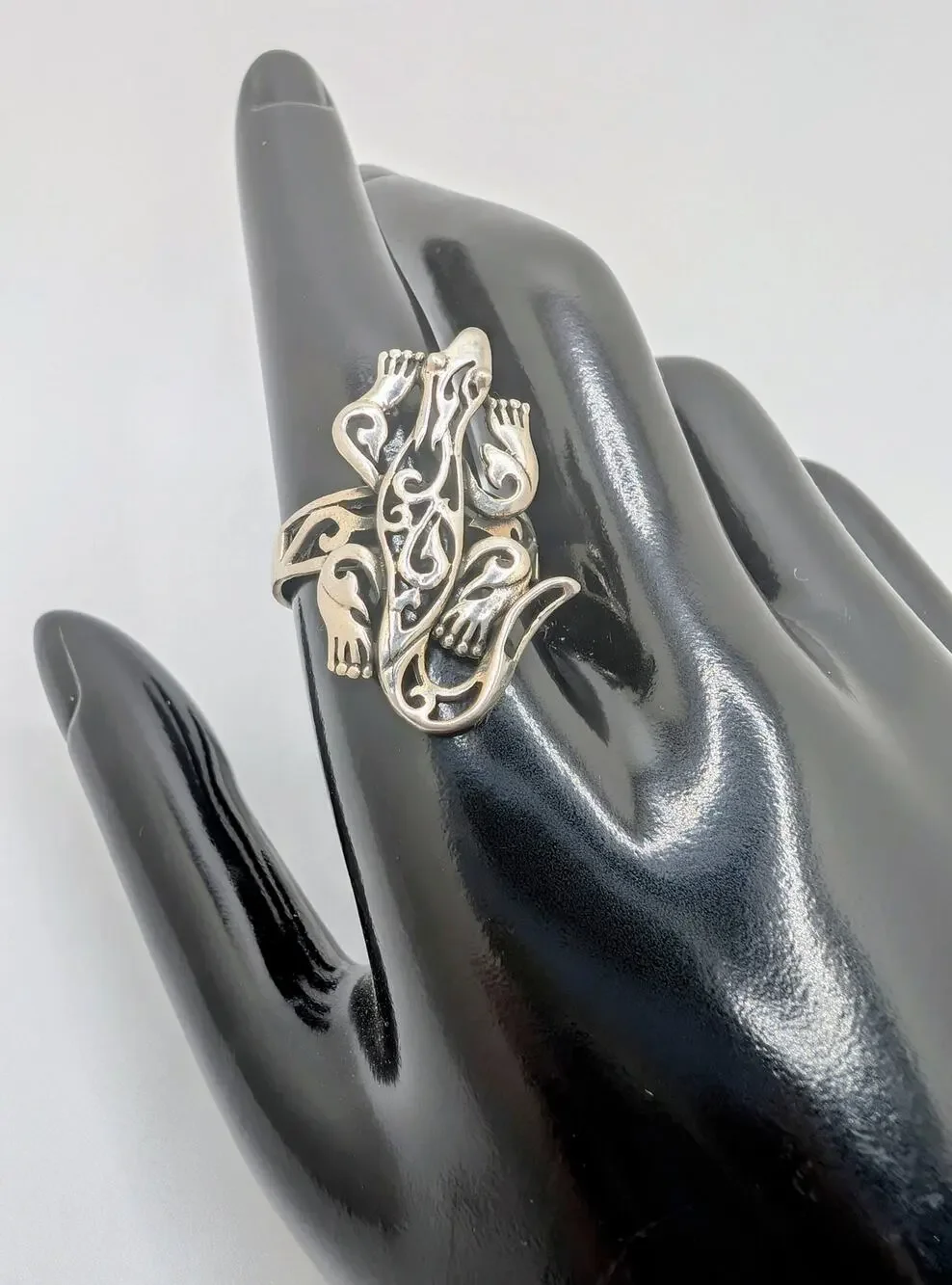 Gecko Lizard Sterling Silver Open Work Filigree Statement Ring Size 9.75